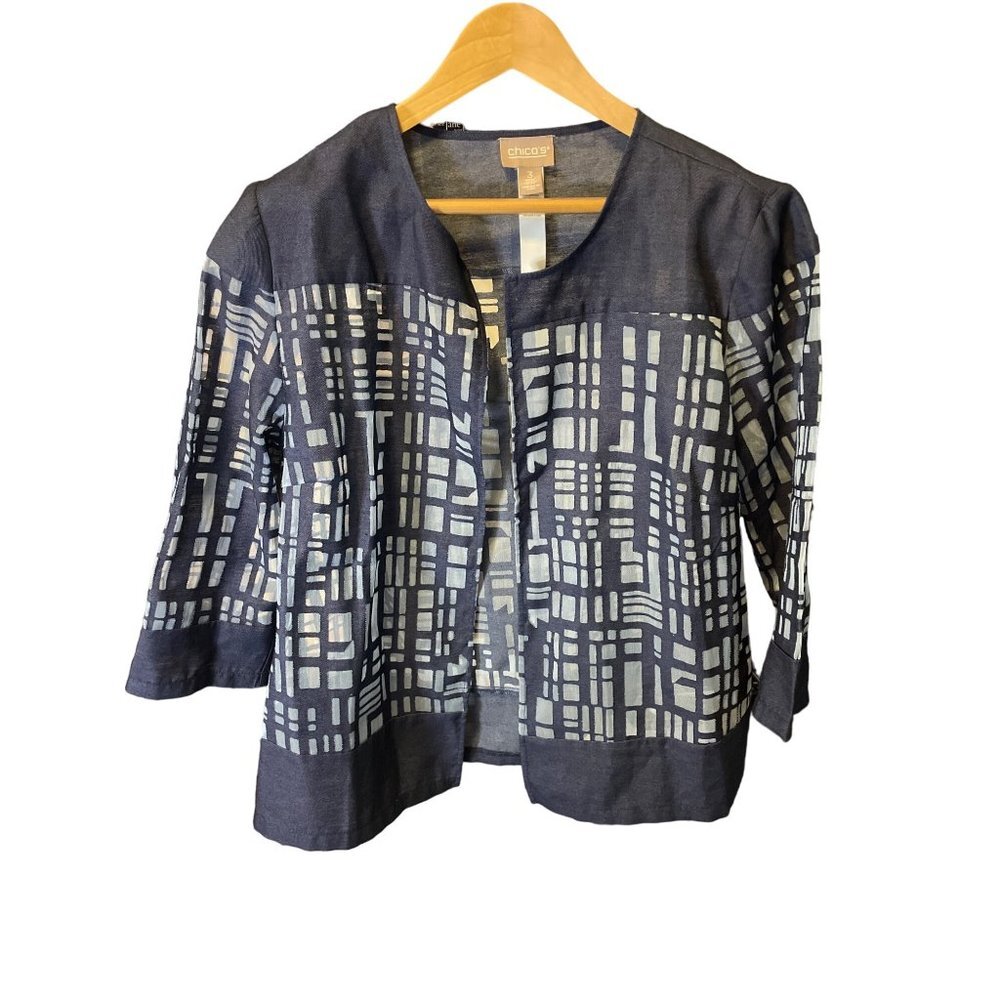 Chico's Navy Sheer Panels Lightweight Open Short Jacket Sz XL
